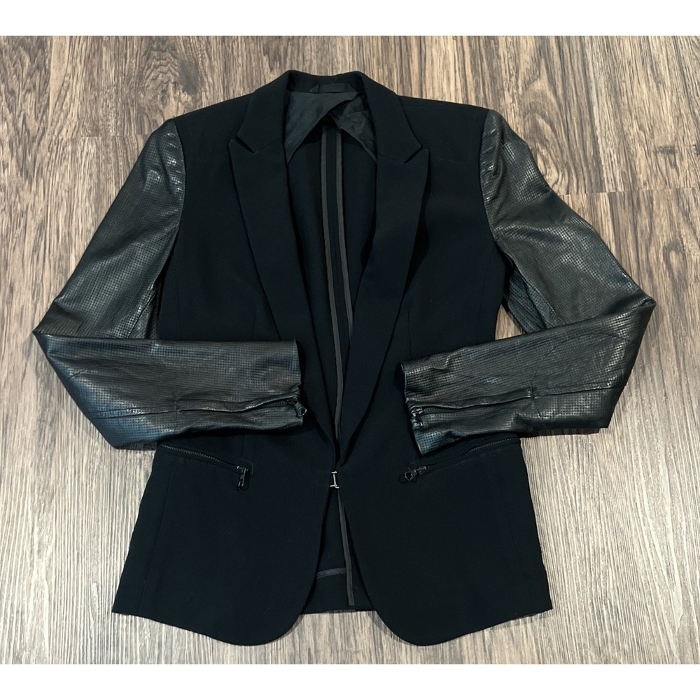 Rag & Bone Blazer Jacket Womens Black Lambskin Leather Sleeves Shawl Collar Sz 2 - Picture 1 of 10